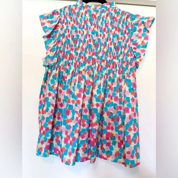 Avara Colorful Watercolor Print Smocked Babydoll Top in Pink, Blue, Green - Picture 7 of 11